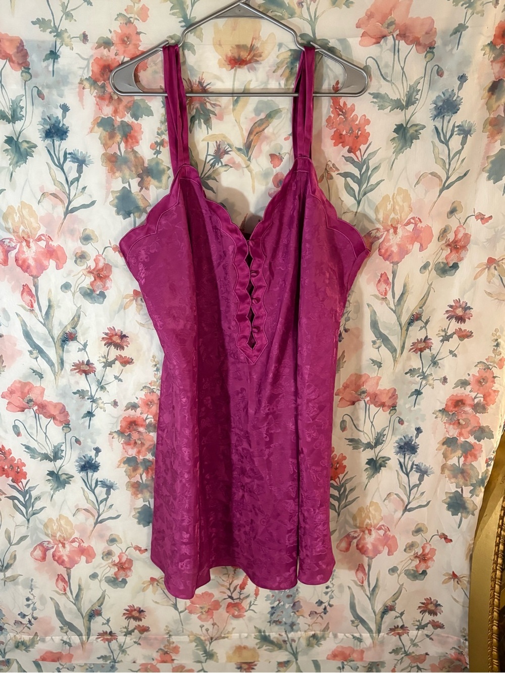 Vintage Fuchsia Satin Slip Dress with Lace Trim